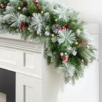 9ft Artificial Christmas Snow Garland with 50 led Lights Timer, Pine Cone, Christmas Red Berry Garlands Battery Powered Outdoor String for Mantle Stairs Railing Fireplace Door by INSTREECHRISTMAS