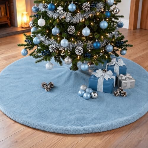 Viorawhite Dusty Blue Christmas Tree Skirt, 60 Inch Large Faux Fur - Image 5