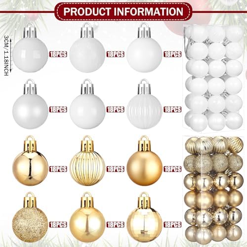 Shappy 216 Pcs Mini Christmas Ball Ornament 1.18 Inch,White, Gold - Image 2