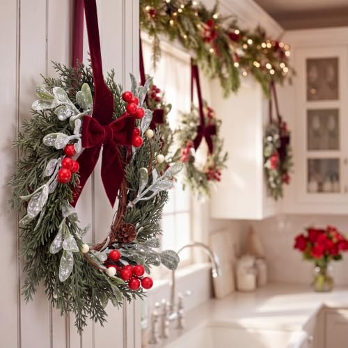 Riceshoot 12" Small Christmas Wreath for Chair Mini Cabinet Wreath with Bow - Image 3