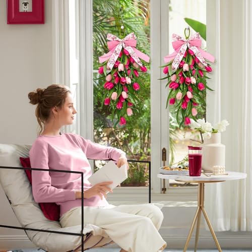 Tulip Teardrop Swag,2Pack Spring Wreaths for Front Door, Easter Decorations - Image 5