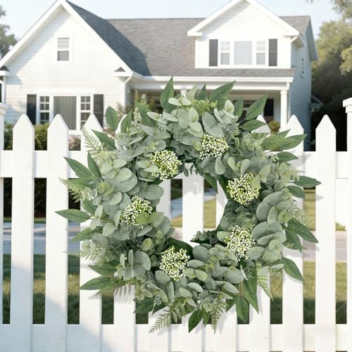 24" Faux Eucalyptus Fern Wreath for Front Door, Year-Round Farmhouse - Image 6
