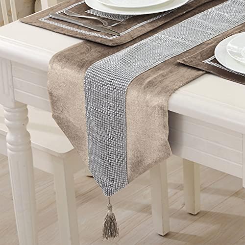 Sequined Rhinestone Diamond Table Runner Luxurious Long Table Runner with Tassels for Dining Christmas Wedding Party Tabletop Decorations (13" x 82", Beige) by Jeloris