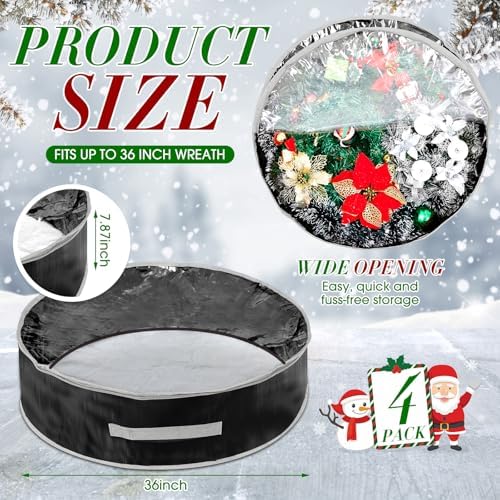 4 Pcs Christmas Wreath Storage Bag, Christmas Garland Storage Container with Clear Window, Zipper & Handle for Xmas Holiday Seasonal Wreath Garland Box(Black,36") - Image 2