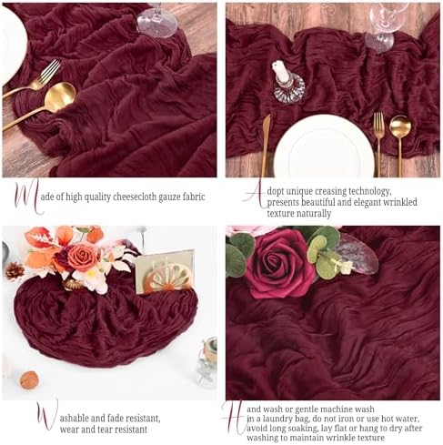 16 Pack Burgundy Table Runners 10FT Cheesecloth Table Runner Boho Gauze Table Runner Long Rustic Sheer Fabric Table Runners for Wedding Party Bridal Shower Farmhouse & Home Decor - Image 3