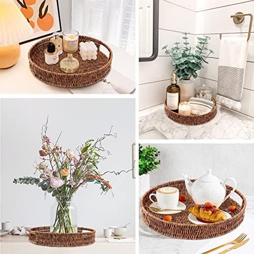 Coffee Table Tray 2 Pack Rattan Woven Basket Multifunctional Round Rattan Serving Tray with Handles, Decorative Trays for Home Decor, Kitchen Counter, Living Room - Image 6