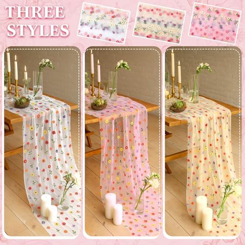 6 Pcs Embroidery Daisy Tulle Table Runners Bohemian Country Florals Tulle Lace Table Runner 120 Inch 10 Ft White Champagne Pink Lace Fabric for Home Dining Wedding DIY Craft - Image 5