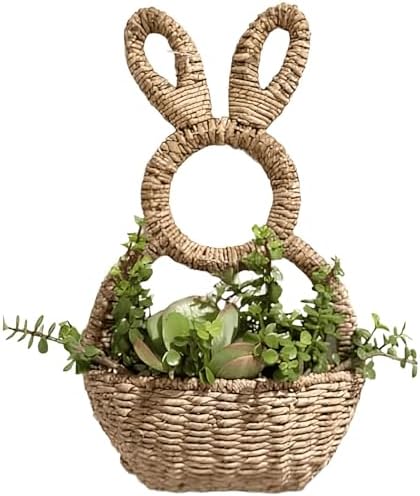 Bunny Basket Hanging Wall Pocket Spring Decor - Hand Woven Wicker Easter Basket - Bunny Hanging Ornament, Wicker Easter Baskets Rabbit Statue Spring Wreath for Front Door by Unknown
