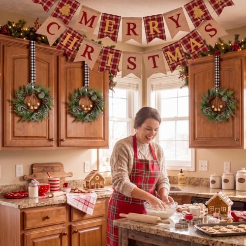 Dingion 6 Pcs 6 Inch Mini Christmas Cabinet Wreath with Black Plaid Bow - Image 2