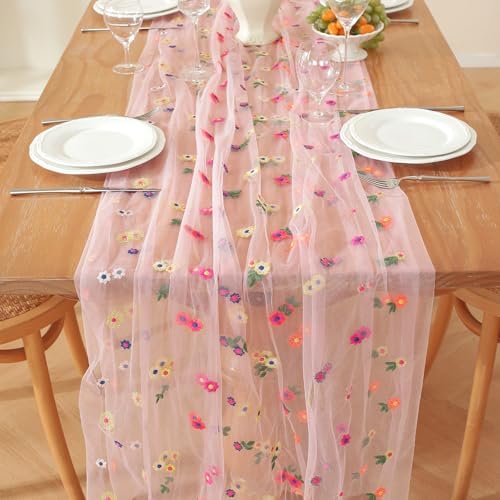 3pcs Pink Embroidery Daisy Fall Table Runner 10ft Florals Seasonal Tulle Table Runner Holiday Kitchen Dining Table Decoration for Home Party Indoor - Image 5