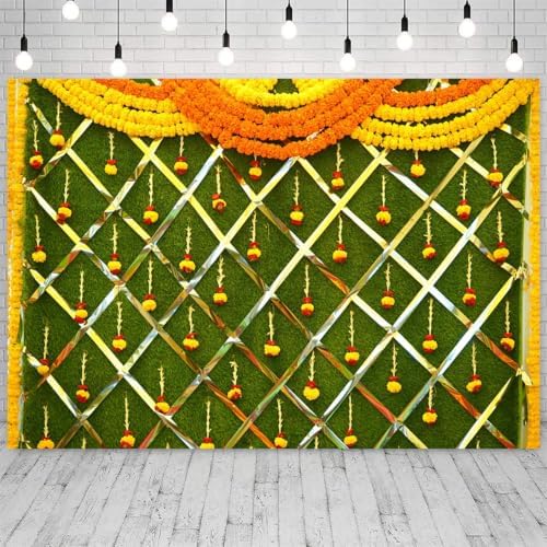 10x6.5ft India Pooja Backdrop Marigold Garland Diwali Indian Traditional Festival Photography Background for Wedding Mehndi Party Banner Decorations Photo Studio Props - Image 3