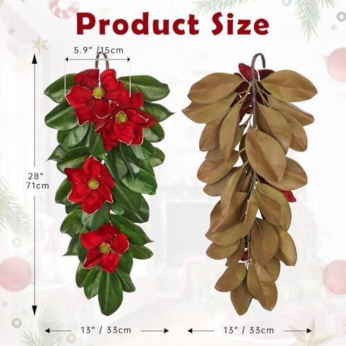 Christmas Poinsettia Teardrop Swag – 28" Artificial Magnolia Leaf Hanging Door Decoration – Holiday Front Door, Fireplace & Stairway Décor for Wedding Christmas Thanksgiving - Image 2