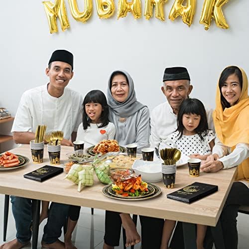 Ramadan Party Supplies Decorations for Home Serve 50, Eid Mubarak Ramadan Black and Gold Plates and Napkins Set, Disposable Paper Plates Napkins Cups Knives Spoons Forks for Ramadan Party Decorations - Image 5