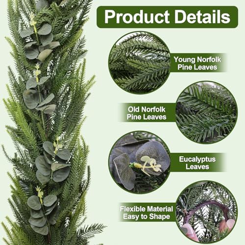 6ft Real Touch Norfolk Pine Christmas Garland with Eucalyptus - Image 5