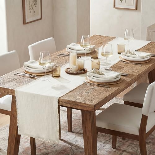KINGSTONE 14 x 108 Inches Frayed Edge Table Runner, 270G Heavyweight Sand Washed Slub Texture Cotton Linen for Modern Farmhouse, Rustic Home Decorations Dining Room Wedding Boho Decor, White - Image 3