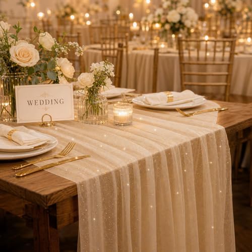 10pcs Fall/Halloween Table Runner 10 ft Champagne Gold Metallic Foil Sheer - Image 5