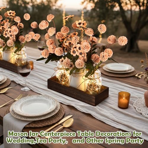 Suncalla 3 Pcs Khaki Fake Kiku Flowers Mason Jar Table Centerpiece - Image 5
