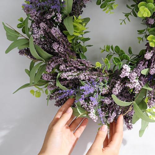26 Inch Lavender Wreath for Front Door, Spring Summer Purple Flower Wreath with Eucalyptus Leaves for Indoor Outdoor Wall Window Wedding Festival Decor for All Seasons - Image 2