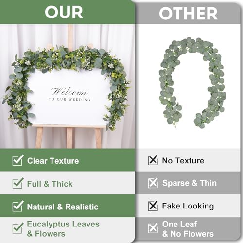 BonBloom's 4 Pack Artificial Eucalyptus Garland with White Flowers, Faux Greenery Garland Decor 5.9 FT Fake Spring Garlands for Table Mantle Hanging Vines Wedding Backdrop Arch Wall Decor - Image 3