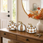 Briful 3-Piece Brown and White Resin Pumpkin Set, Modern Fall Decor - Image 4