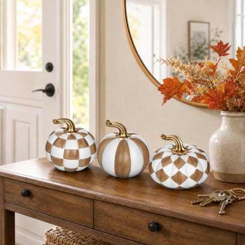 Briful 3-Piece Brown and White Resin Pumpkin Set, Modern Fall Decor - Image 4