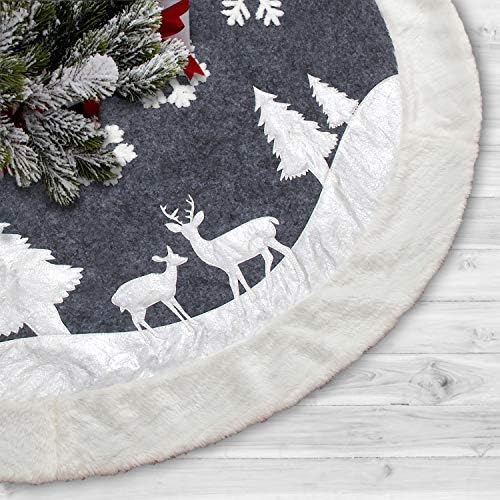 Christmas Tree Skirt, Fur Rustic White Xmas Tree Skirt,Snowy Christmas Trees Mat Decorations Indoors,Deer and Snowflake Pattern (36 inches, Two Deers) - Image 4