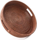 HITOMEN 14.2" Hand-Woven Round Rattan Serving Tray Decorative Ottoman Wicker Platter with Handles for Coffee Table, Breakfast, Drinks, Snack, Bread, Fruit, Vegetables (Brown - L) by HITOMEN