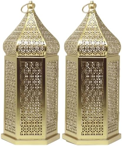 2-Pack Golden Tower Temple Moroccan Lantern Lamp Decorative Candle Holders for Ramadan Decorations, Large Only, 15" Tall by VelaCandleLanterns
