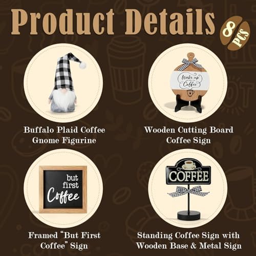Coffee Bar Decor, 8 PCS Coffee Decorations for Table Tiered Tray Shelf - Image 2
