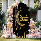 7.2FT Arch Backdrop Cover Ramadan Mubarak Photography Black Crescent Moon Star Lanterns Wedding Arch Cover Spandex Fitted Stretchy Backdrop Stand Covers for Birthday Party Wedding Decoration - Image 2