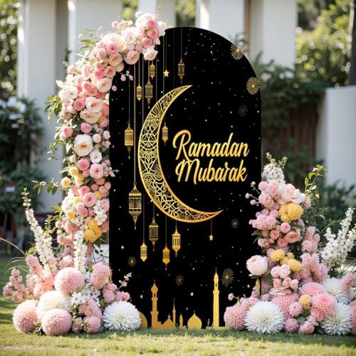 7.2FT Arch Backdrop Cover Ramadan Mubarak Photography Black Crescent Moon Star Lanterns Wedding Arch Cover Spandex Fitted Stretchy Backdrop Stand Covers for Birthday Party Wedding Decoration - Image 2