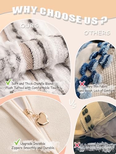 Boho Chenille Tufted Couch Throw Pillow Covers 18x18 Inch Set of 2 Farmhouse Striped Decorative Pillow Covers Accent Neutral Square Pillowcase Grey Cushion Covers for Livingroom Sofa Bed - Image 5