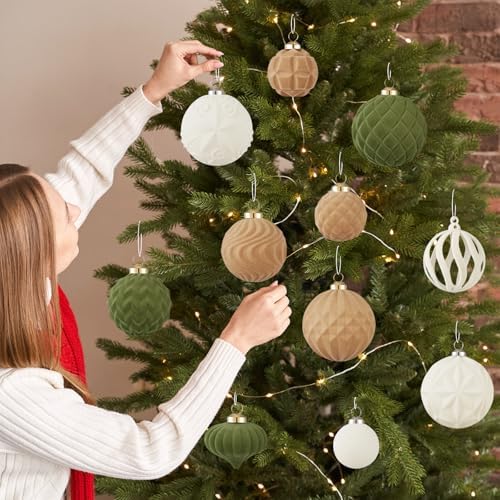 30pcs Velvet Christmas Ball Ornaments, Flocked Shatterproof Christmas Ornaments Hanging Xmas Tree Decorations Set for Home Party Holiday Decor (Multi-Size, Brown-Green-Cream) - Image 6