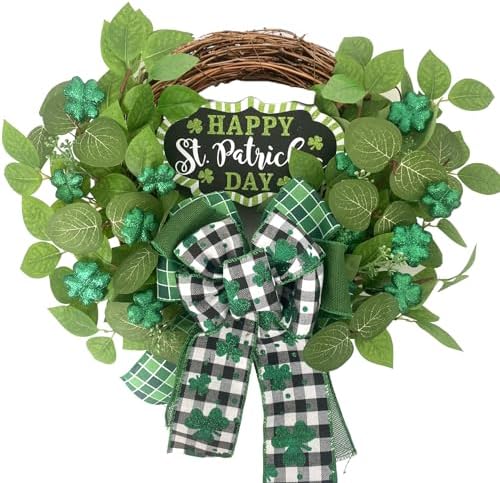 idyllic St. Patrick's Day Decoration Wreath for Front Door with Bowknot,Saint Patrick Day Decoration Wreath,Shamrock Clover Wreath for Kitchen Window Wall Party Home Decor by idyllic