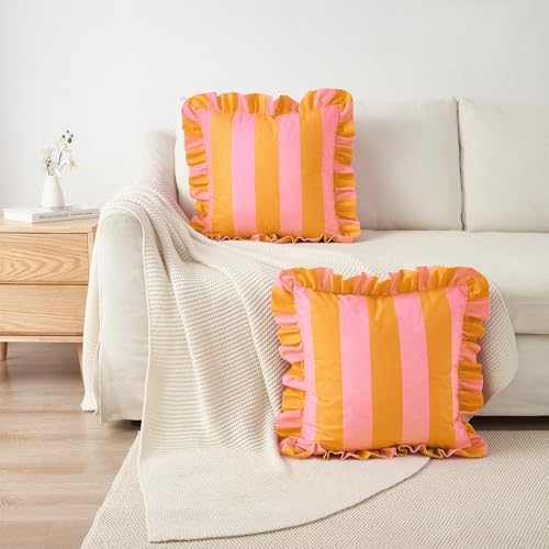 MONDAY MOOSE Decorative Throw Pillow Covers, Set of 2 Water-Resistant Striped Design with Ruffle Edge for Outdoor/Indoor Use, Pillow Inserts Not Included (22x22 inch, Light Pink/Honey) - Image 5