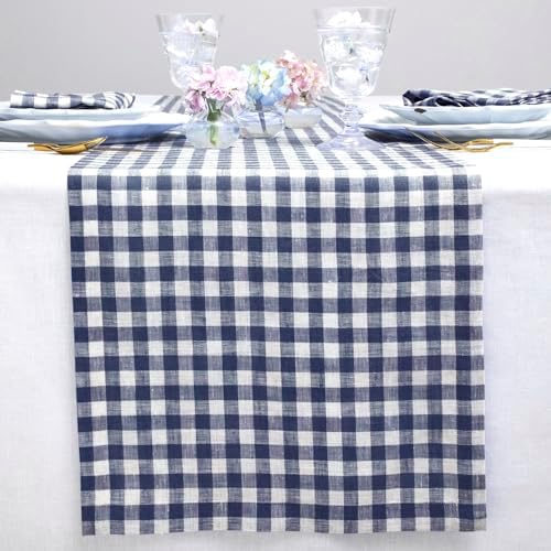Solino Home 100% Pure Linen Table Runner Navy, Gingham Check 14 x 72 in by SolinoHome