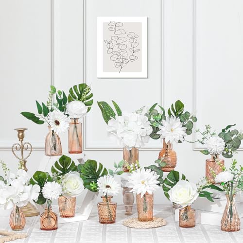FoldTier 108 Pcs Artificial Flowers in Vase 96 Pcs Faux Greenery Stem Table Centerpiece Fake Plants Silk Roses Arrangement 12 Pcs Glass Vase Sets for Wedding Bathroom Home Dining Decor(Champagne) by FoldTier