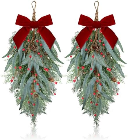 2 Pcs Christmas Teardrop Swag 24" Artificial Eucalyptus Leaves Teardrop Wreaths for Kitchen Cabinet with Ribbon Pinecones Red Berry Christmas Hanging Swag for Xmas Winter Door Window Wall Home Decor by Unknown