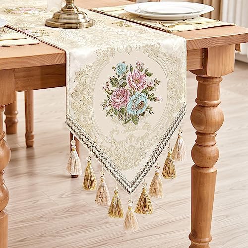 Loom and Mill Elegant Floral Jacquard Table Runner 13x108 inch,Pearly Beige - Image 2