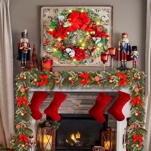 6ft Pre-lit Garland,red Gold Christmas Decorated Garland with 30 LED Light String,Indoor Outdoor Xmas Decorations on Mantle Fireplace Front Door, Christmas Stairs Decor Battery Operated with Timer - Image 6