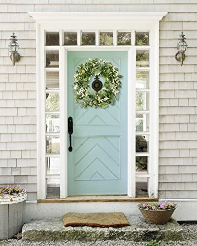 Vlorart Artificial Spring Summer Christmas Greenery Wreaths for Front Door Green Eucalyptus Leaf Wreath Decor Boxwood with Big Berries for Farmhouse Outside Year Round - Image 4