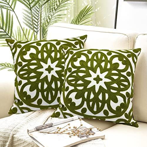 Alysheer Boho Embroidered Throw Pillow Cover 18"x18" Set of 2, Olive Green - Image 7