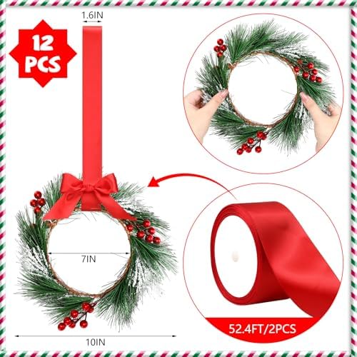 Crowye 12 Pcs Mini Christmas Wreaths Kitchen Cabinet Door, Red - Image 2