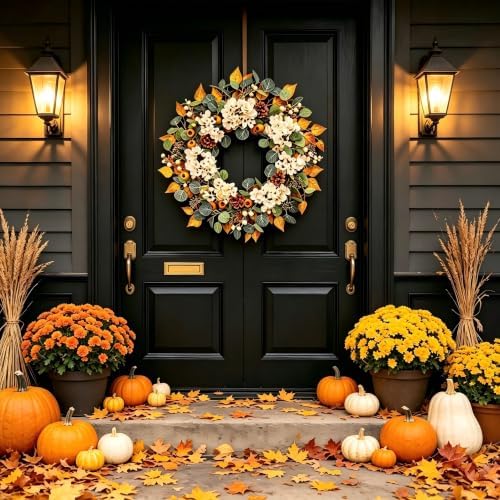 22 Inch Fall Hydrangea Wreaths for Front Door, Artificial Autumn Wreath with White Hydrangea, Eucalyptus, Berries, Pine Cones, Rustic Farmhouse Harvest Thanksgiving Wreath Indoor Outdoor Decor - Image 5