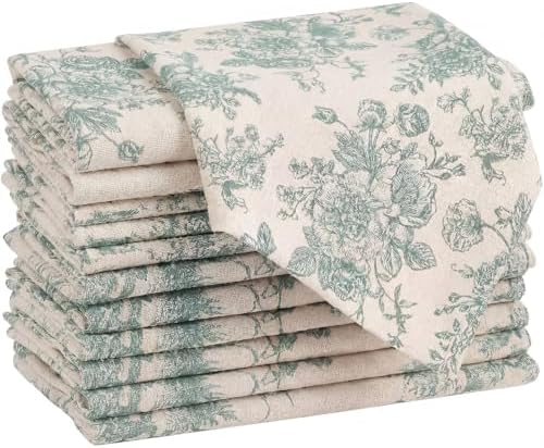 Mindsoft Sage Green Floral Linen Napkins (Set of 12) -18x18 Inch Linen Dinner Napkins - Reusable Washable Cottagecore Decor for Weddings & Parties by Mindsoft