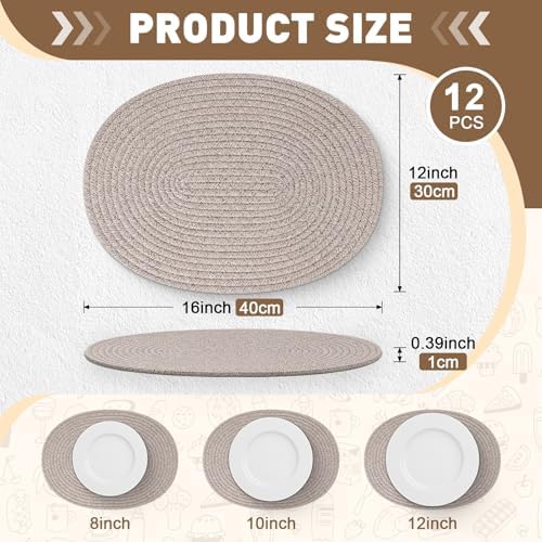 Set of 12 Oval Woven Placemats 16x12 Inch Cotton Rope Plate Chargers Farmhouse Boho Brown Placemats, Washable Non Slip Heat Resistant Table Mats for Kitchen Dining Room Outdoor Patio Decor - Image 2