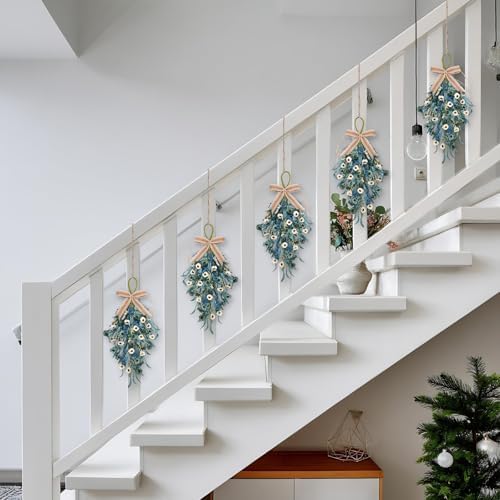 22 Inch Blue Teardrop Swags, 2 Pack - Blue Eucalyptus Door Decor with White Flowers & Lavender, Coastal Farmhouse Hanging Swags for Front Door, Stair Railing, Mantel, Wedding & Party Decor - Image 5