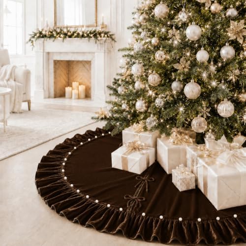 Christmas Tree Skirt,Velvet Tree Skirt with Ruffled Edge with Pearls, Classic Large Velvet Fur Plush Tree Skirt for Merry Christmas(Brown,60Inch) - Image 2