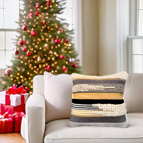 Boho Throw Pillow Cover 20x20, Black Gray Textured Decorative Pillow Cover, Handwoven Moroccan Accent Cushion Case, Wool Cotton Farmhouse Home Decor (1 Piece) - Image 2