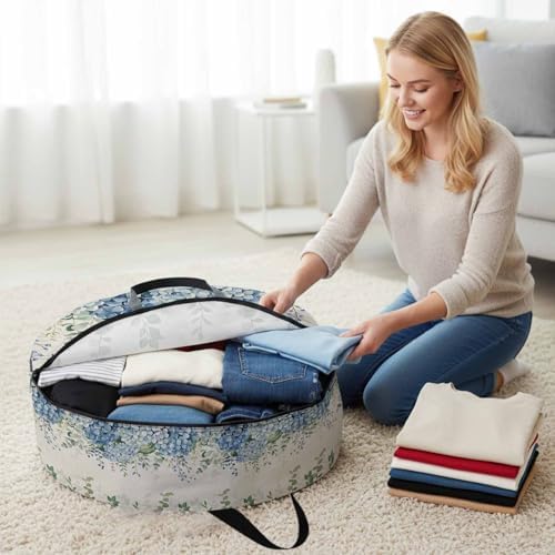 30 Inch Round Storage Bag 1 Pack,Blue Hydrangea Flower Green Eucalyptus Leaves Waterproof Wreath Storage Container with Handles&Zipper Retro Linen Closet Organizer Bags Garland Box - Image 3